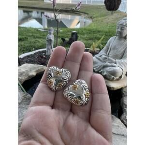 Vintage 1980s Statement Chunky Earrings Heart Stud Silver Tone Love Romantic